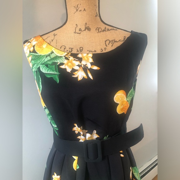NY&CO EVA MENDES BOATNECK BELT WAIST BLACK ORANGE FLORAL CITRUS FRUIT MIDI DRESS - Picture 2 of 6